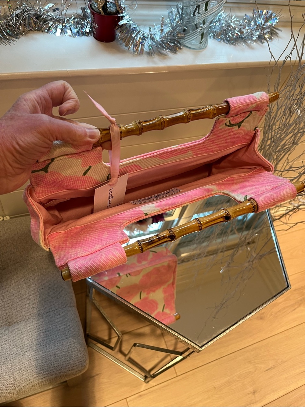 NWT Lilibridge Pink Peonies Resort Floral Canvas Clutch Tote bag bamboo handles - Picture 10 of 16